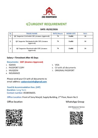 Jubail, Jobs, QC Inspector Electrical With CBT (Aramco Approved)