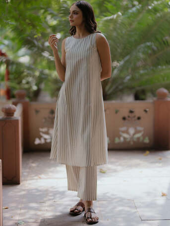 Jaipur, Clothing & Accessories, INR 1050,  Shop Cream Cotton Sleeveless A-Line Kurta Set For Women