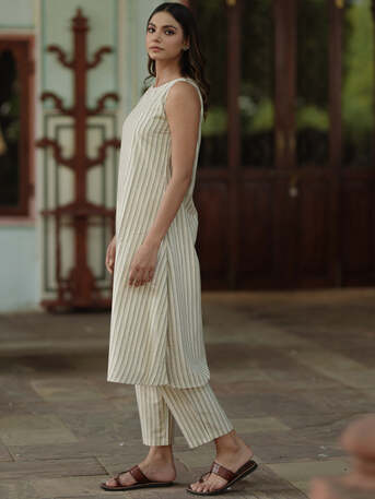 Jaipur, Clothing & Accessories, INR 1050,  Shop Cream Cotton Sleeveless A-Line Kurta Set For Women