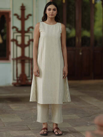 Jaipur, Clothing & Accessories, INR 1050,  Shop Cream Cotton Sleeveless A-Line Kurta Set For Women