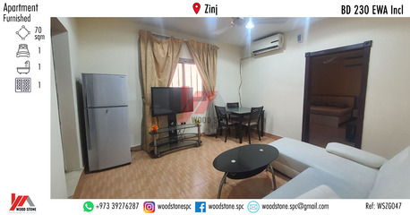 Zinj, Apartments/Houses, BHD 230/month,  Furnished,  1 BR,  70 Sq. Meter,  Fully Furnished 1 Bedroom Apartment, Zinj - BD 230 Incl WSZG047