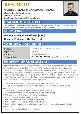 Riyadh, Job Seekers, Domestic And Industrial Electrician