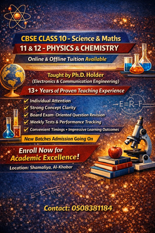 Al Khobar Al Shamalia, Lessons Offered, CBSE Tuition: Class 10 (Science And Maths)11 And 12 (Physics And Chemistry)
