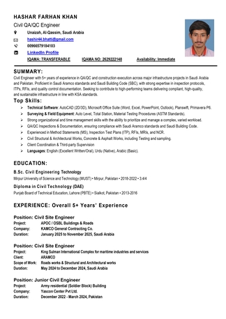 Buraidah, Job Seekers, Civil Engineer | Construction QA/QC & Quantity Surveying