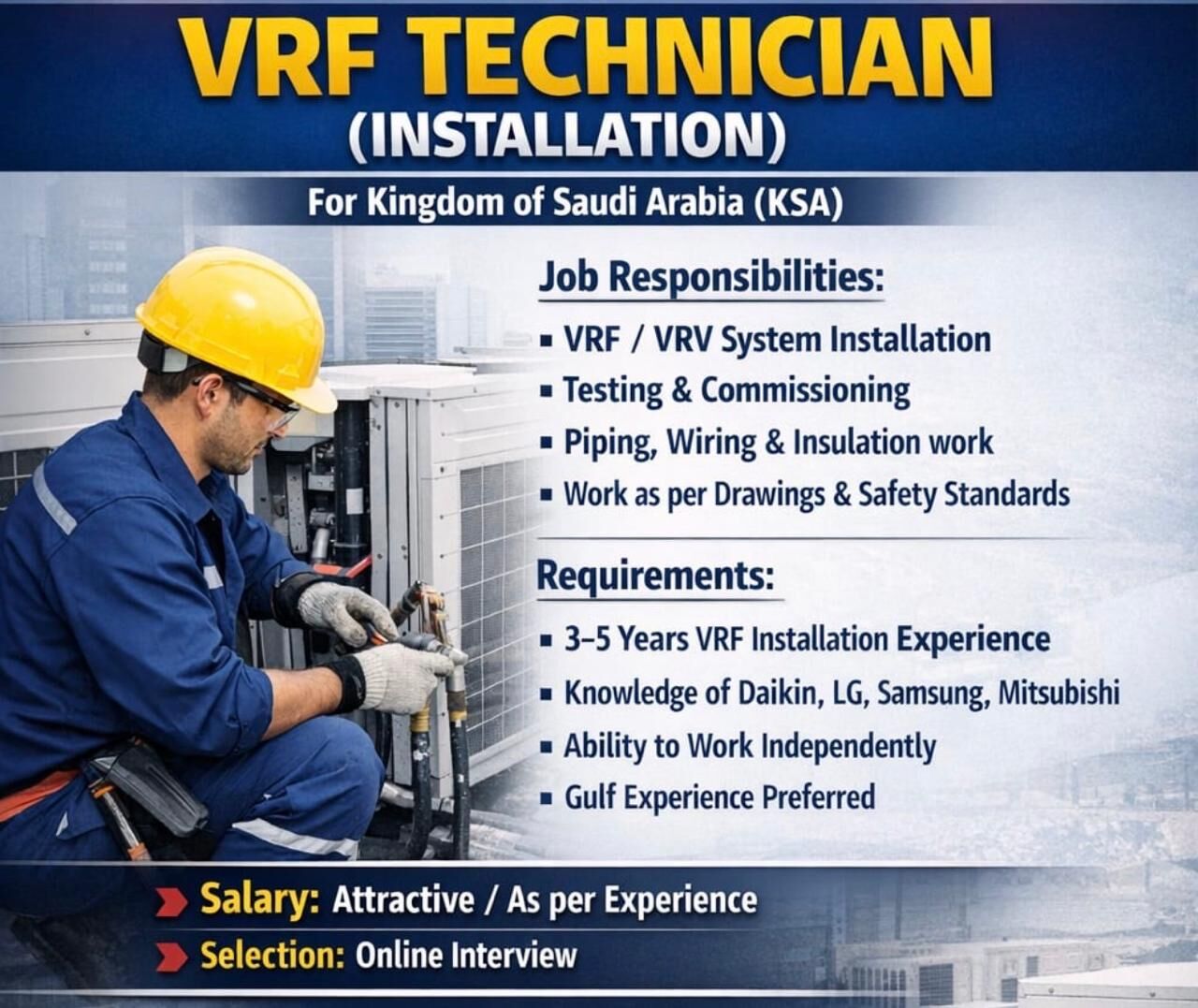 Riyadh, Jobs, HVAC Tec. Installation Only
