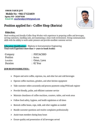 Jubail, Job Seekers, Need Coffee Shop Job, As Barista, Assistant Barista Job.