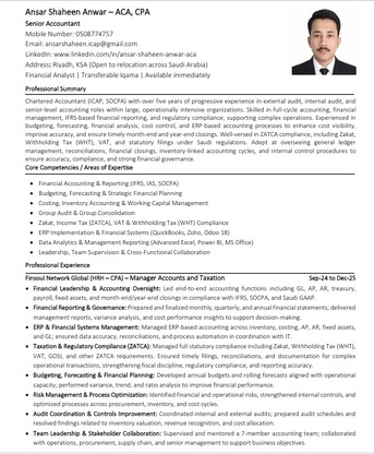 Riyadh, Job Seekers, Experienced Accountant | SOCPA Member | 1+ Year KSA Experience | ERP | Immediate Available