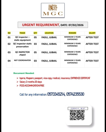 Jubail, Jobs, QC Inspector- NDT Coordinator