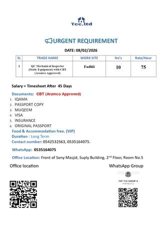 Riyadh, Job Seekers, QC Mechanical Inspector (Static Equipment) With CBT (Aramco Approved)