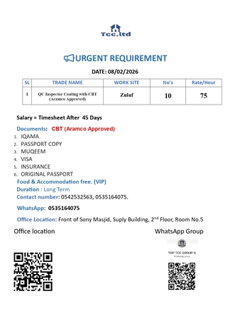 Riyadh, Jobs, QC Inspector Coating With CBT (Aramco Approved)