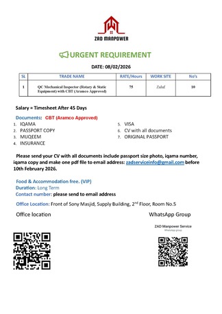 Jubail, Jobs, QC Mechanical Inspector (Rotary & Static Equipment) With CBT (Aramco Approved)