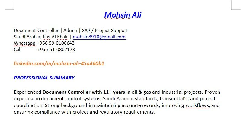 Riyadh, Job Seekers, DOCUMENT CONTROLLER