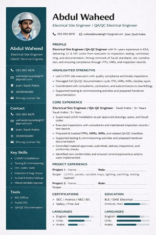 Riyadh, Job Seekers, Electrical Engineer | 5+ Years Experience (Saudi Arabia & Pakistan) | Transferable Iqama |