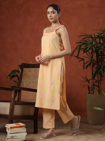 Jaipur, Clothing & Accessories, INR 1165,  Buy Yellow Cotton Self Design Straight Kurta Set For Women