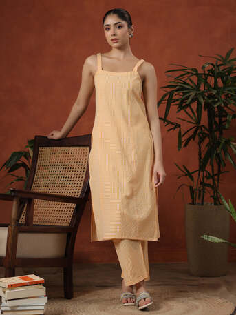 Jaipur, Clothing & Accessories, INR 1165,  Buy Yellow Cotton Self Design Straight Kurta Set For Women