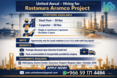Riyadh, Jobs, 🟦🟨 UNITED AWSAL &ndash; URGENT HIRING FOR RASTANURA ARAMCO PROJECT 🟨🟦