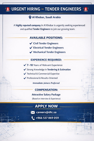 Khobar, Jobs, URGENT HIRING &ndash; TENDER ENGINEERS