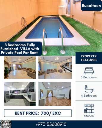 Busaiteen, Apartments/Houses, BHD 700/month,  Furnished,  3 BR,  200 Sq. Meter,  Double Storey 3 BR FF Villa With Private Pool For Rent