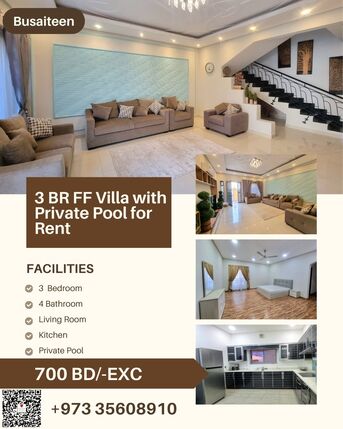 Busaiteen, Apartments/Houses, BHD 700/month,  Furnished,  3 BR,  200 Sq. Meter,  Double Storey 3 BR FF Villa With Private Pool For Rent