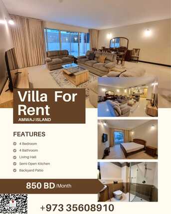 Amwaj Islands, Apartments/Houses, BHD 850/month,  Furnished,  4 BR,  200 Sq. Meter,  Elegant 4 BR+Maid Room FF Villa | Backyard Patio