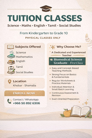 Dammam, Job Seekers, Tution Classes - Science, Maths, English, Tamil, Social Sciences