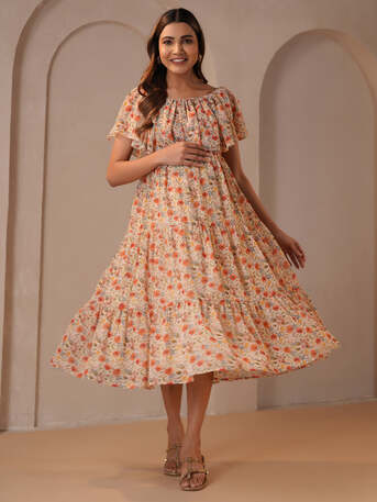 Jaipur, Clothing & Accessories, INR 1224,  Shop Beige Georgette Maternity Dress For Easy Feeding