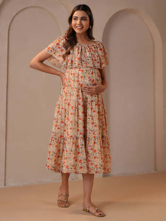 Jaipur, Clothing & Accessories, INR 1224,  Shop Beige Georgette Maternity Dress For Easy Feeding