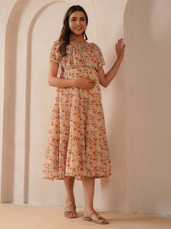 Jaipur, Clothing & Accessories, INR 1224,  Shop Beige Georgette Maternity Dress For Easy Feeding