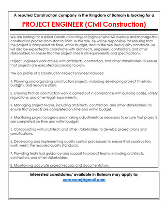 Manama, Jobs, URGENT REQUIEMENT OF PROJECT ENGINEER  - CIVIL/ BUILDING CONSTRUCTION