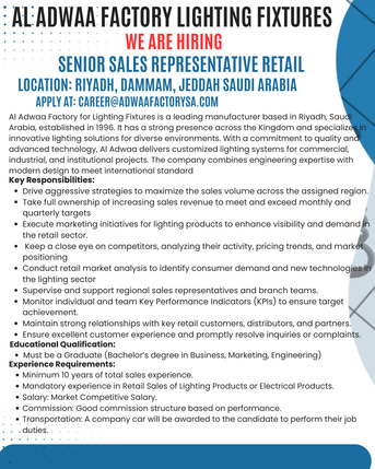 Dammam, Jobs, Senior Retail Representative ممثل مبيعات التجزئة الأول Riyad, Jeddah, Dammam