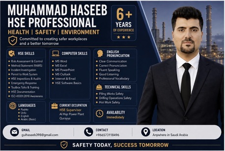 Jubail, Job Seekers, HSE Supervisor / Environmental Coordinator / Environmental Supervisor