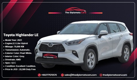 Amman, Vehicles, Cars & Trucks , JOD 22500,  Toyota Highlander Hybrid,  2023,  Automatic,  70000 KM,  Duty Free Toyota Highlander LE