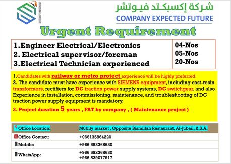 Jubail, Jobs, Electrical Engineer / Supervisor / Technician Railway Or Metro Experienced