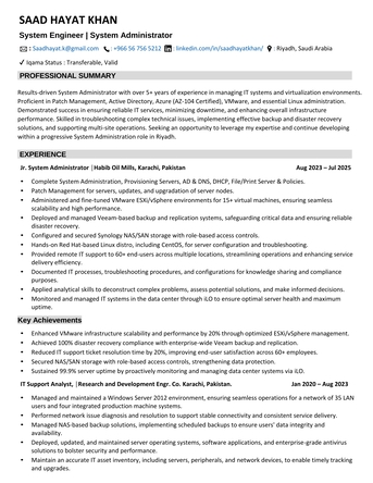 Al Naseem, Job Seekers, Experienced System Engineer | System Administrator Seeking Job Opportunity &ndash; Riyadh