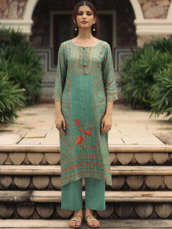 Jaipur, Clothing & Accessories, INR 1851,  Buy Sea Green Silk Blend Party Kurta Set For Women