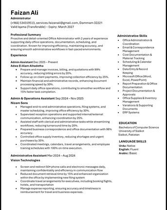 Dammam, Job Seekers, Experienced Office Administrator Available &ndash; Transferable Iqama