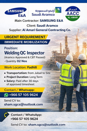 Jubail, Jobs, WELDING QC INSPECTOR REQUIRED (Aramco Approved)