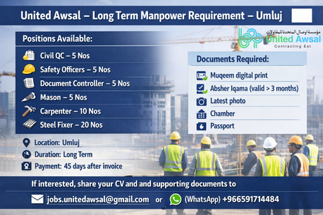 Umluj, Jobs, 🟦 UNITED AWSAL &ndash; LONG-TERM MANPOWER REQUIREMENT &ndash; UMLUJ 🟦