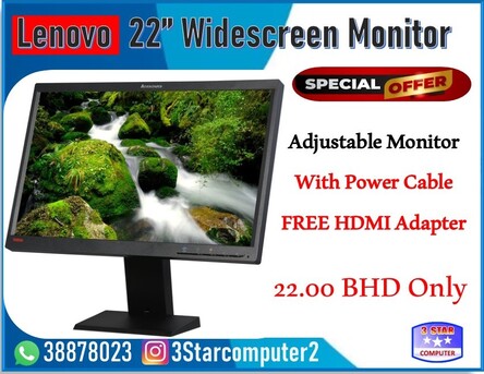 Manama, Tablet Computers, BHD 22,  Lenovo 22"LED Monitor With HDMI Adapter & Power Cable Good Working Condition