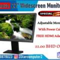 BHD 22,  Lenovo 22"LED Monitor With HDMI Adapter & Power Cable Good Working Condition