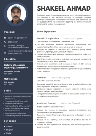 Jeddah, Job Seekers, Job Seeker For Electrical Supervisor/Foreman &ndash; Available For Immediate Hiring_