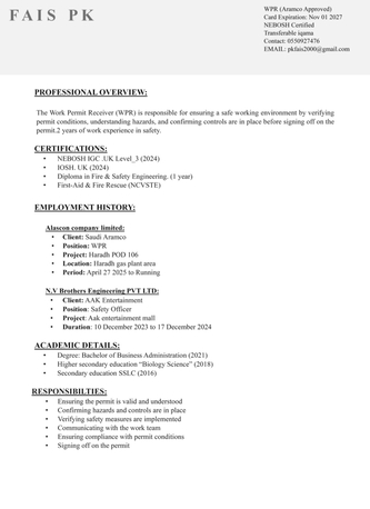 Jubail, Job Seekers, Aramco Approved Wpr/Nebosh Certified