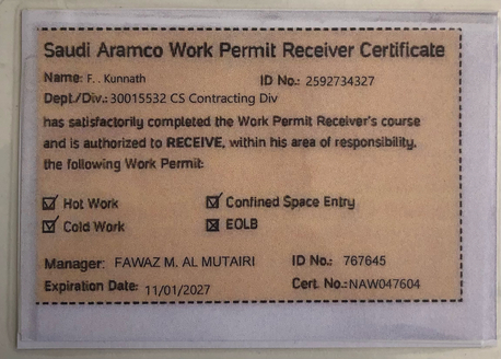 Jubail, Job Seekers, Aramco Approved Wpr/Nebosh Certified