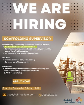 Dammam, Jobs, SCAFFOLDING SUPERVISOR I (ARAMCO CERTIFIED)