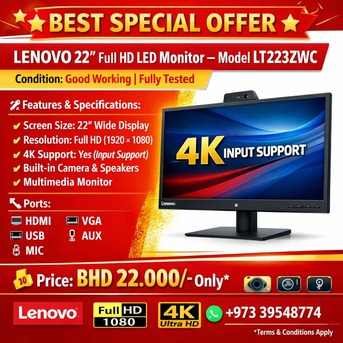 Manama, Electronics, BHD 22,  SPECIAL OFFER &ndash; LENOVO? 22&rdquo; FULL HD MONITOR WITH CAMERA & SPEAKERS &ndash; ONLY BHD 22!