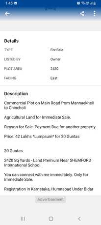 Hyderabad, Commercial Plots, INR 3300000,  2420 Sq. Yard,  20 Guntas Commercial Plot For SALE From Mannaekheli To Chincholi