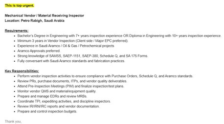 Rabigh, Jobs, Aramco Experienced MRI Inspector For Petro Rabigh (Mech Background) Driving License Must