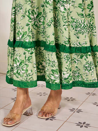 Jaipur, Clothing & Accessories, INR 2333,  Buy Special Occasion Green Ruffle Printed Long Dress For Women