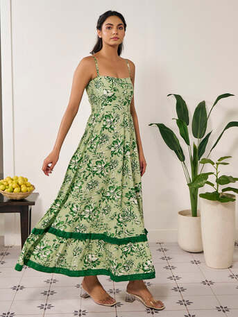 Jaipur, Clothing & Accessories, INR 2333,  Buy Special Occasion Green Ruffle Printed Long Dress For Women