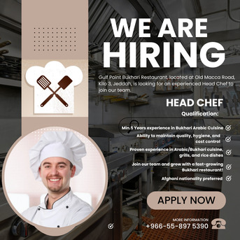 Jeddah, Jobs, We Are Looking For An Experienced Head Chef For Gulf Point Bukhari Restaurant In Kilo3,